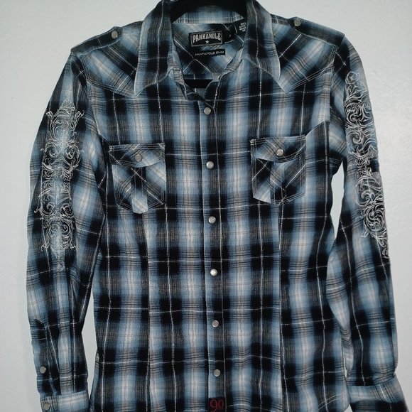 Panhandle Slim Tops - Western plaid button down women’s medium Panhandle Slim blue white silver black